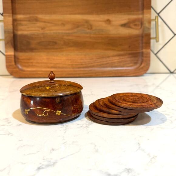Handcrafted Other - handcrafted wooden coaster set x6 featuring brass floral inlays bohemian
